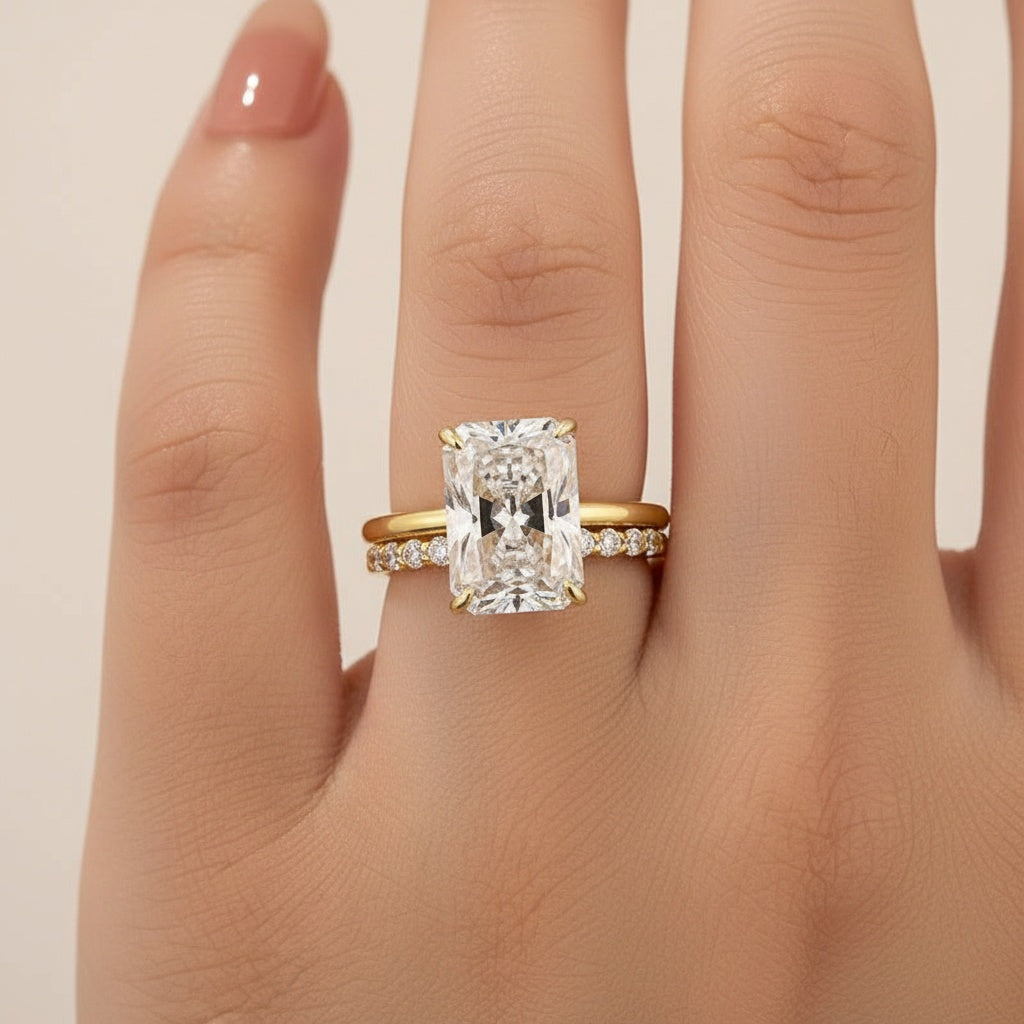 Aurevyn Moissanite 4.5 Ct Radiant Cut Yellow Gold Engagement Ring with Open Wedding Band