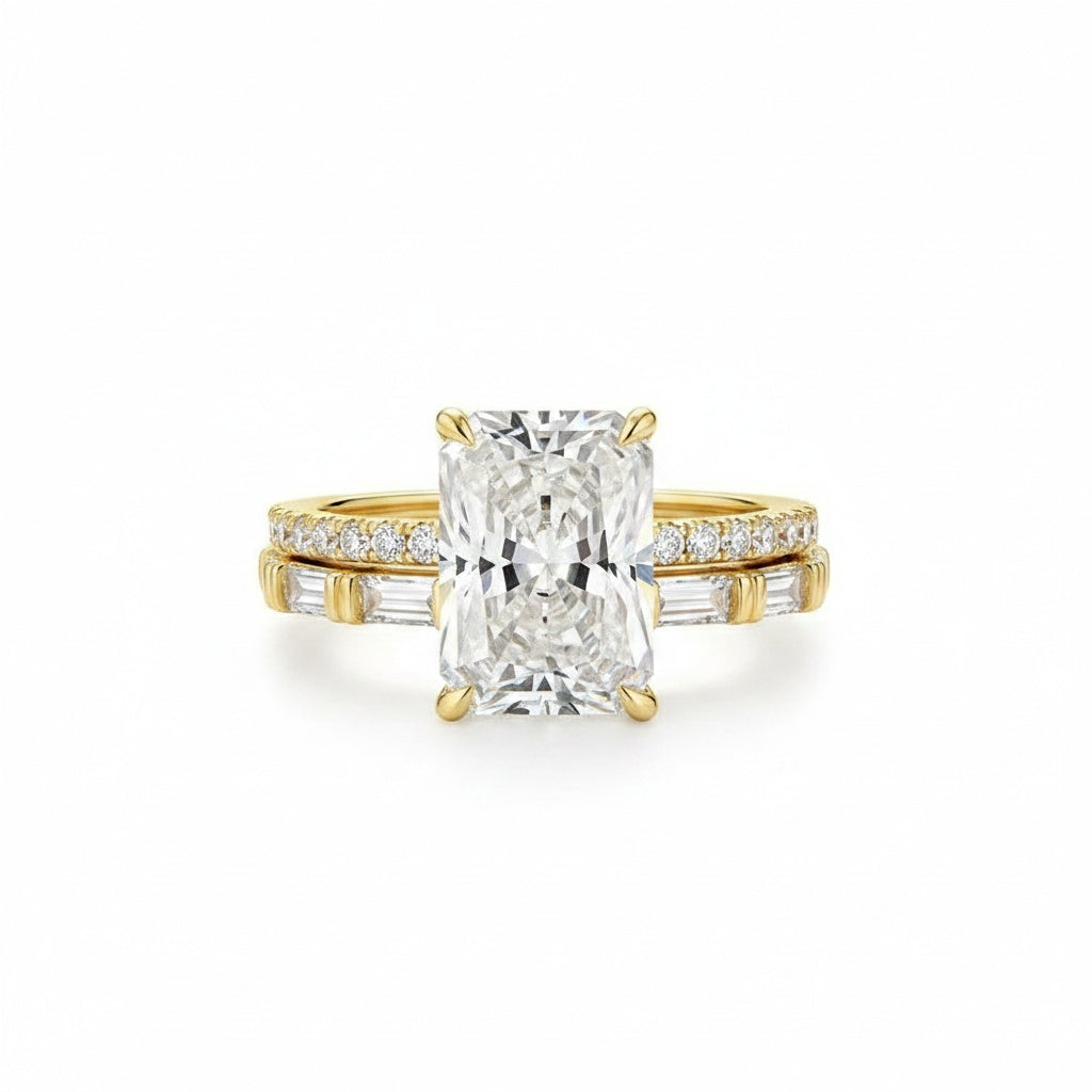 Aurevyn Moissanite 4.5Ct Radiant Cut Yellow Gold  Wedding Ring with Emerald Cut Wedding Band