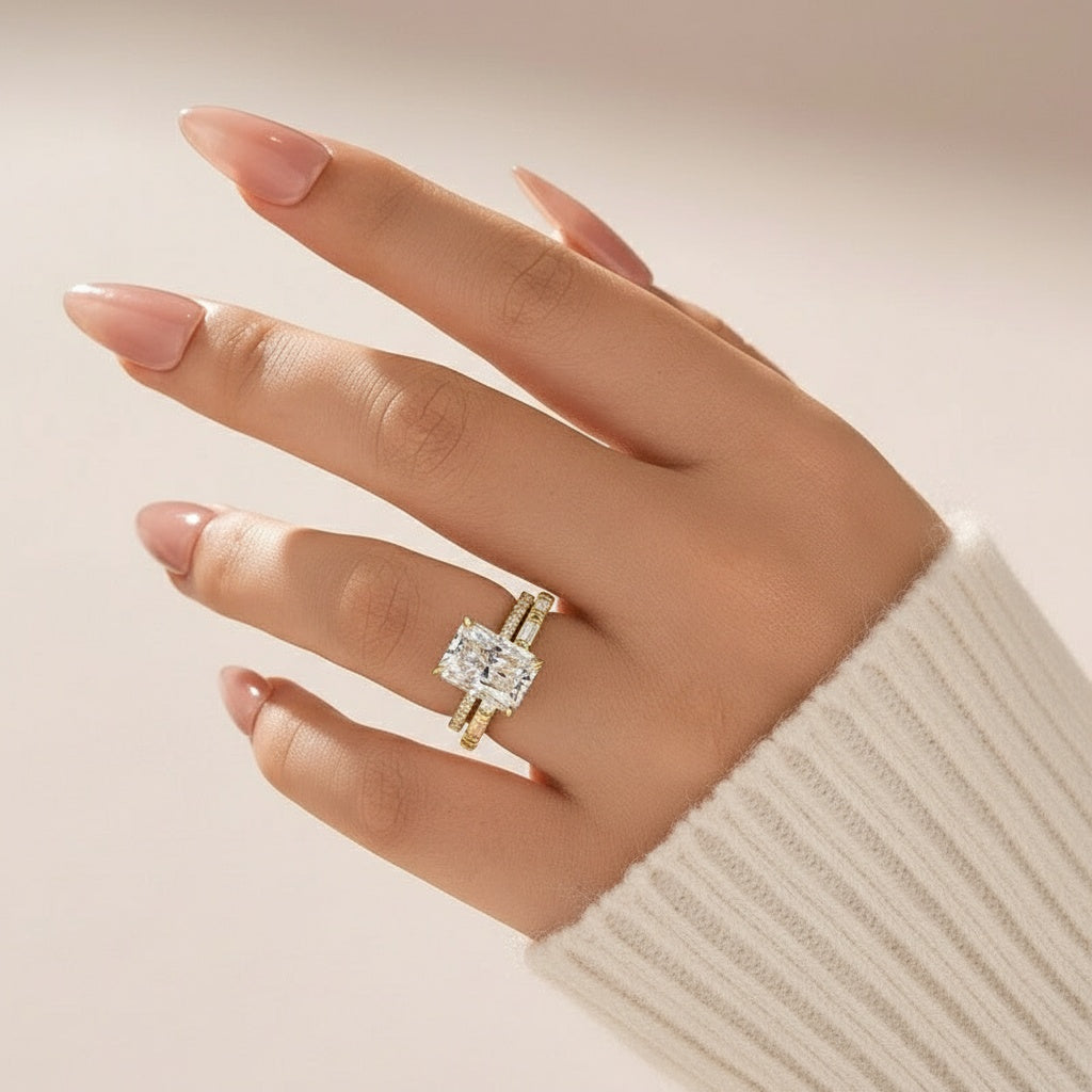 Aurevyn Moissanite 4.5Ct Radiant Cut Yellow Gold  Wedding Ring with Emerald Cut Wedding Band