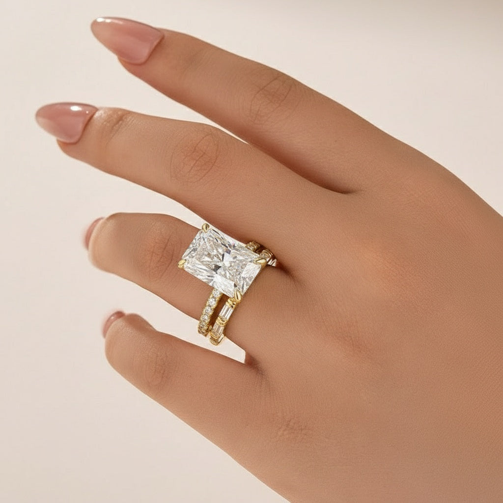 Aurevyn Moissanite 4.5Ct Radiant Cut Yellow Gold  Wedding Ring with Emerald Cut Wedding Band
