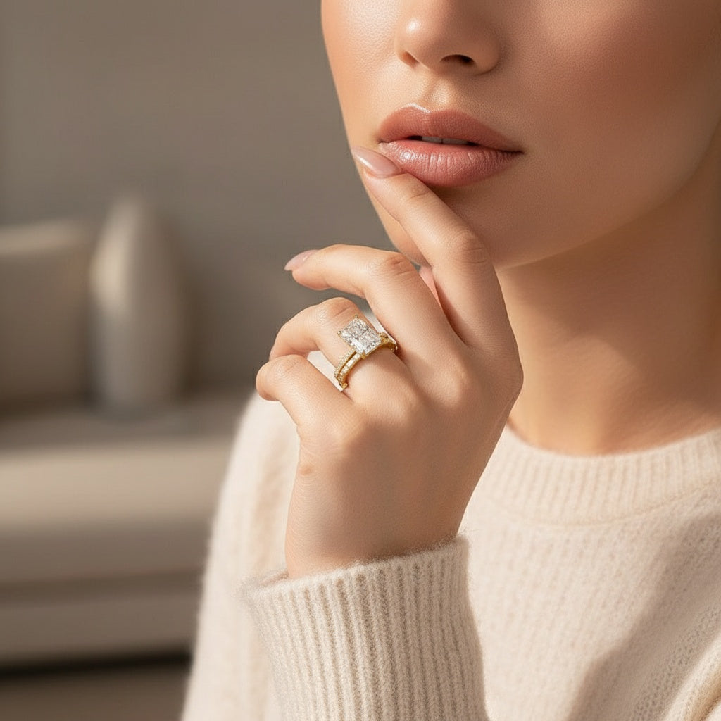 Aurevyn Moissanite 4.5Ct Radiant Cut Yellow Gold  Wedding Ring with Emerald Cut Wedding Band
