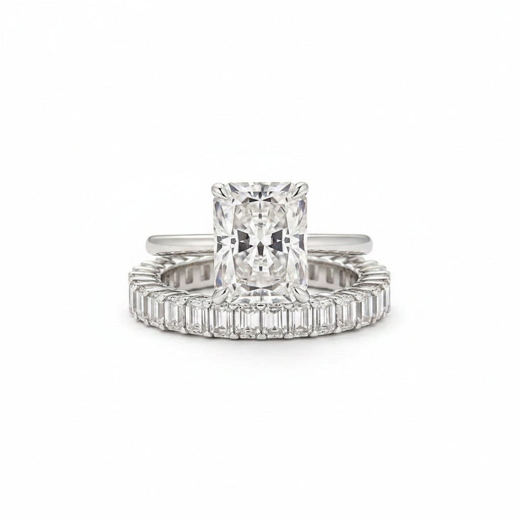 Aurevyn Moissanite 4.5Ct Solitaire Radiant Cut White Gold Wedding Ring with Emerald Cut Wedding Ring
