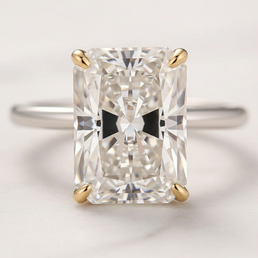 Aurevyn Moissanite 4.5Ct Solitaire Radiant Cut White Gold Wedding Ring with Emerald Cut Wedding Ring