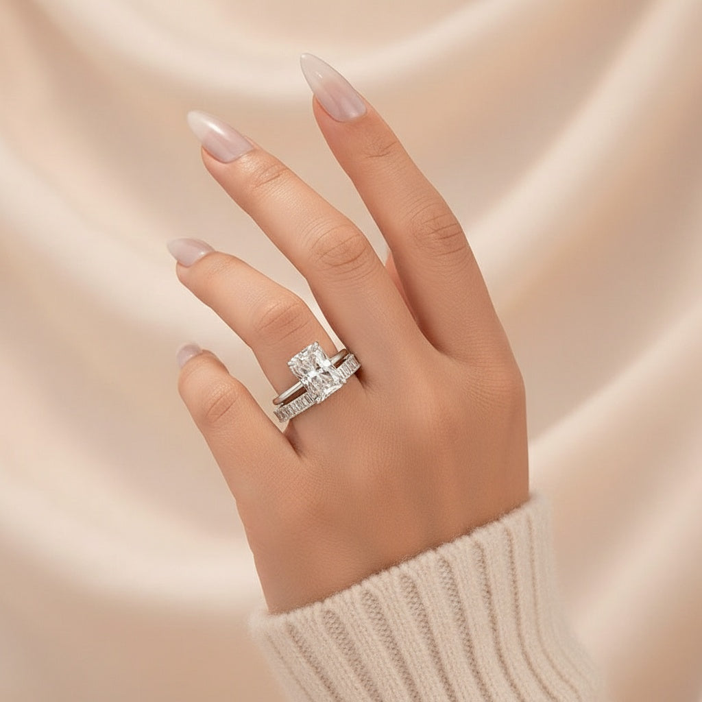 Aurevyn Moissanite 4.5Ct Solitaire Radiant Cut White Gold Wedding Ring with Emerald Cut Wedding Ring