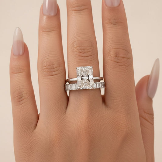Aurevyn Moissanite 4.5Ct Solitaire Radiant Cut White Gold Wedding Ring with Emerald Cut Wedding Ring