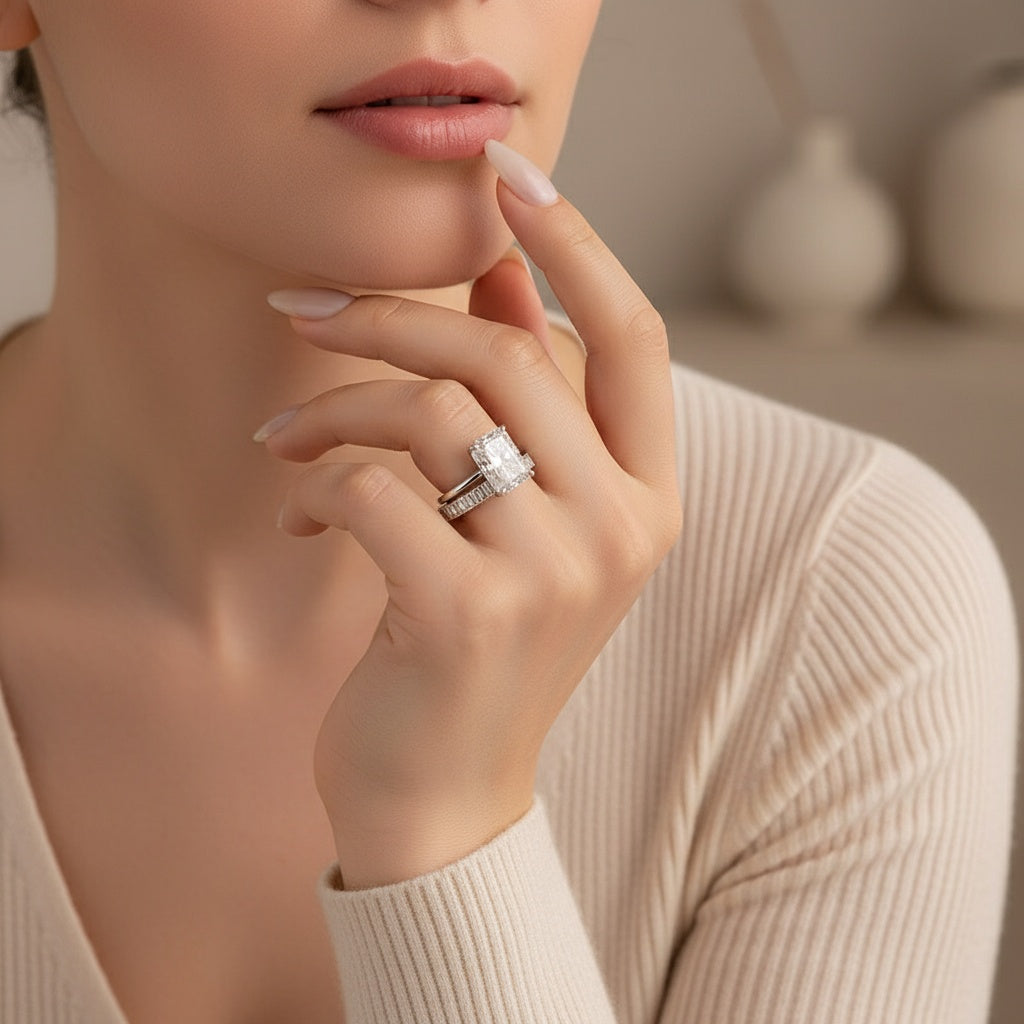 Aurevyn Moissanite 4.5Ct Solitaire Radiant Cut White Gold Wedding Ring with Emerald Cut Wedding Ring