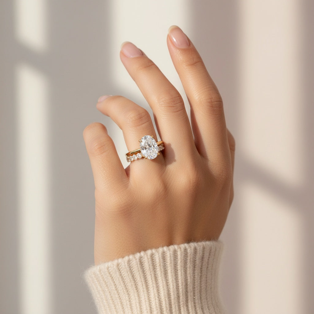 Aurevyn Moissanite 5.5 Ct Solitaire Oval Cut Yellow Gold Engagement Ring with Eternity Oval Cut Ring