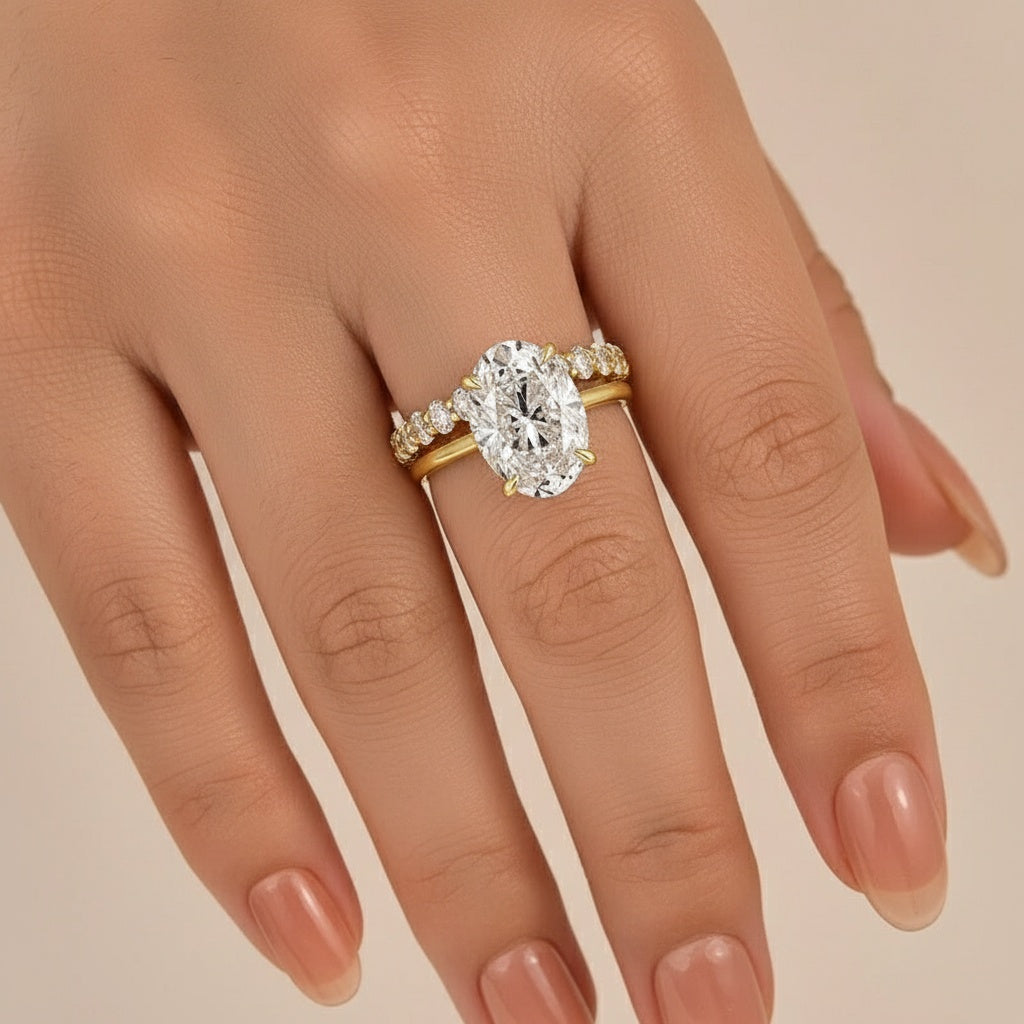 Aurevyn Moissanite 5.5 Ct Solitaire Oval Cut Yellow Gold Engagement Ring with Eternity Oval Cut Ring