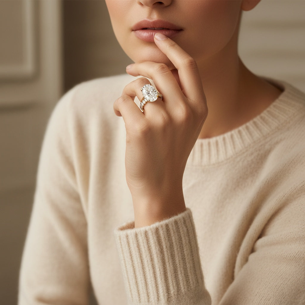 Aurevyn Moissanite 5.5 Ct Solitaire Oval Cut Yellow Gold Engagement Ring with Eternity Oval Cut Ring