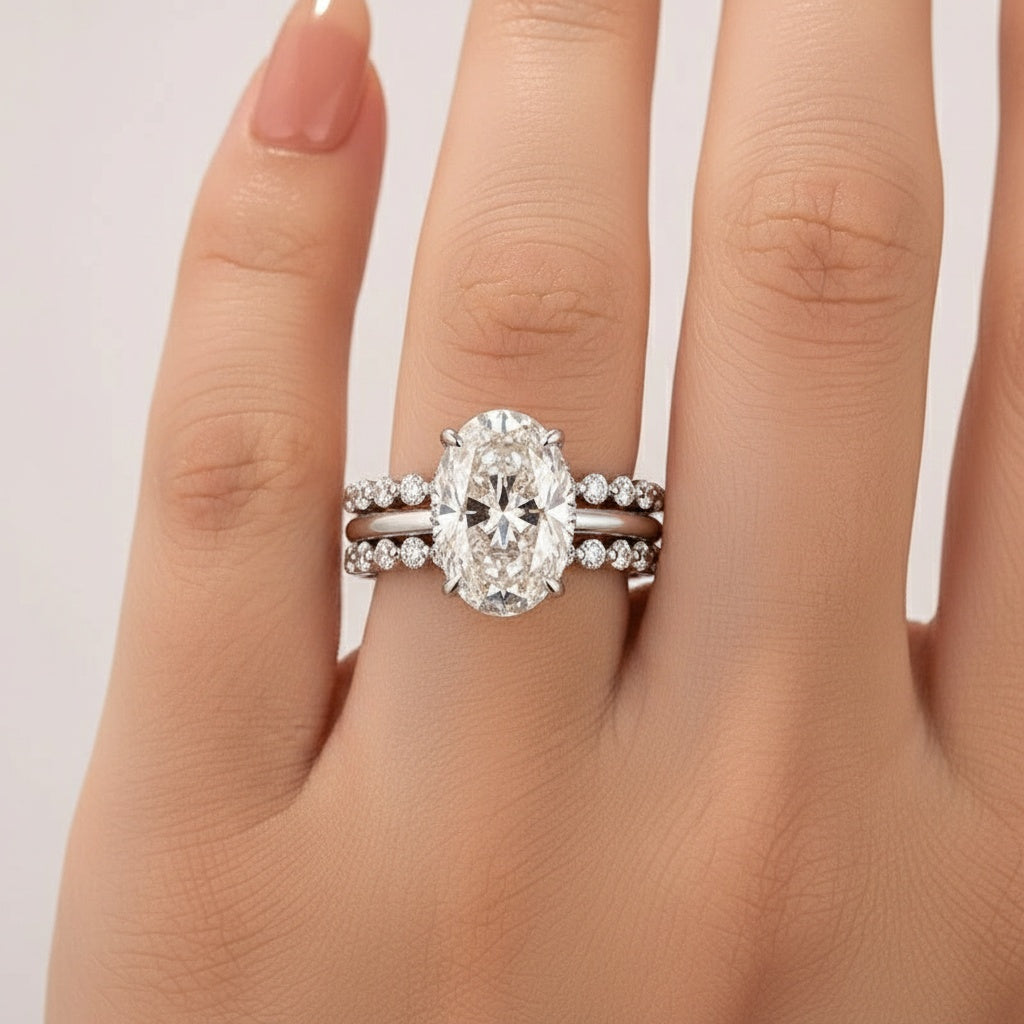 Aurevyn Moissanite 5.5Ct Hidden Halo Oval Cut Engagement Ring with 1.5 Ct Round Cut Yellow Gold Anniversary Ring