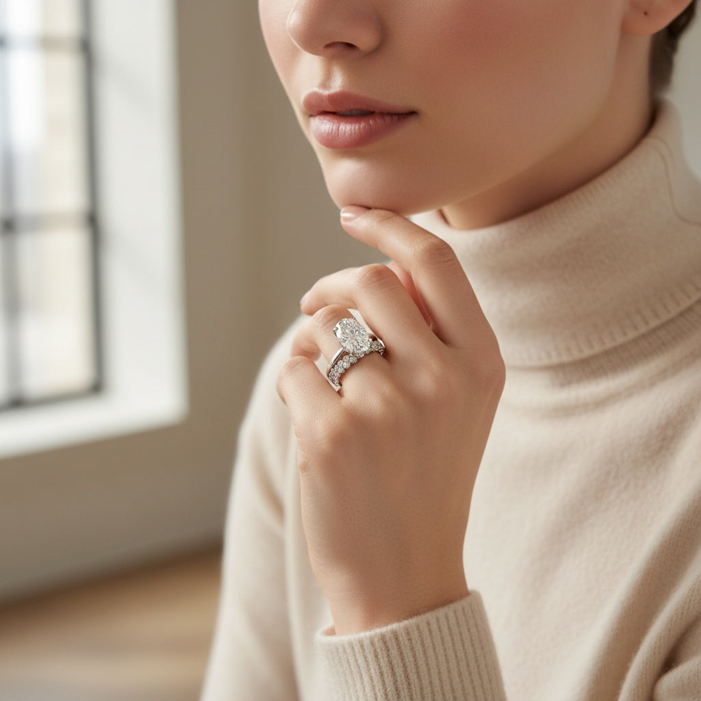 Aurevyn Moissanite 5.5Ct Hidden Halo Oval Cut Engagement Ring with 1.5 Ct Round Cut Yellow Gold Anniversary Ring