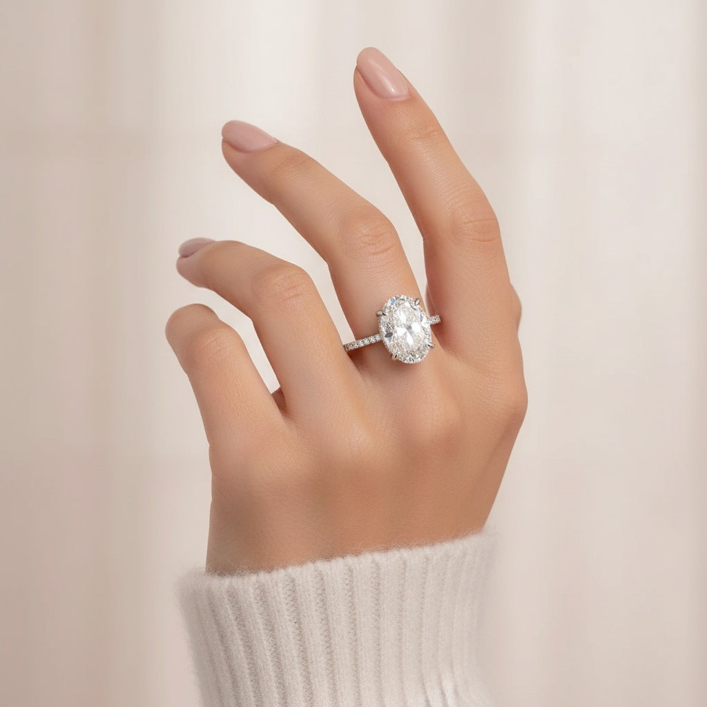 Aurevyn Moissanite 5.5Ct Oval Cut Hidden Halo White Gold Promise Ring For Women