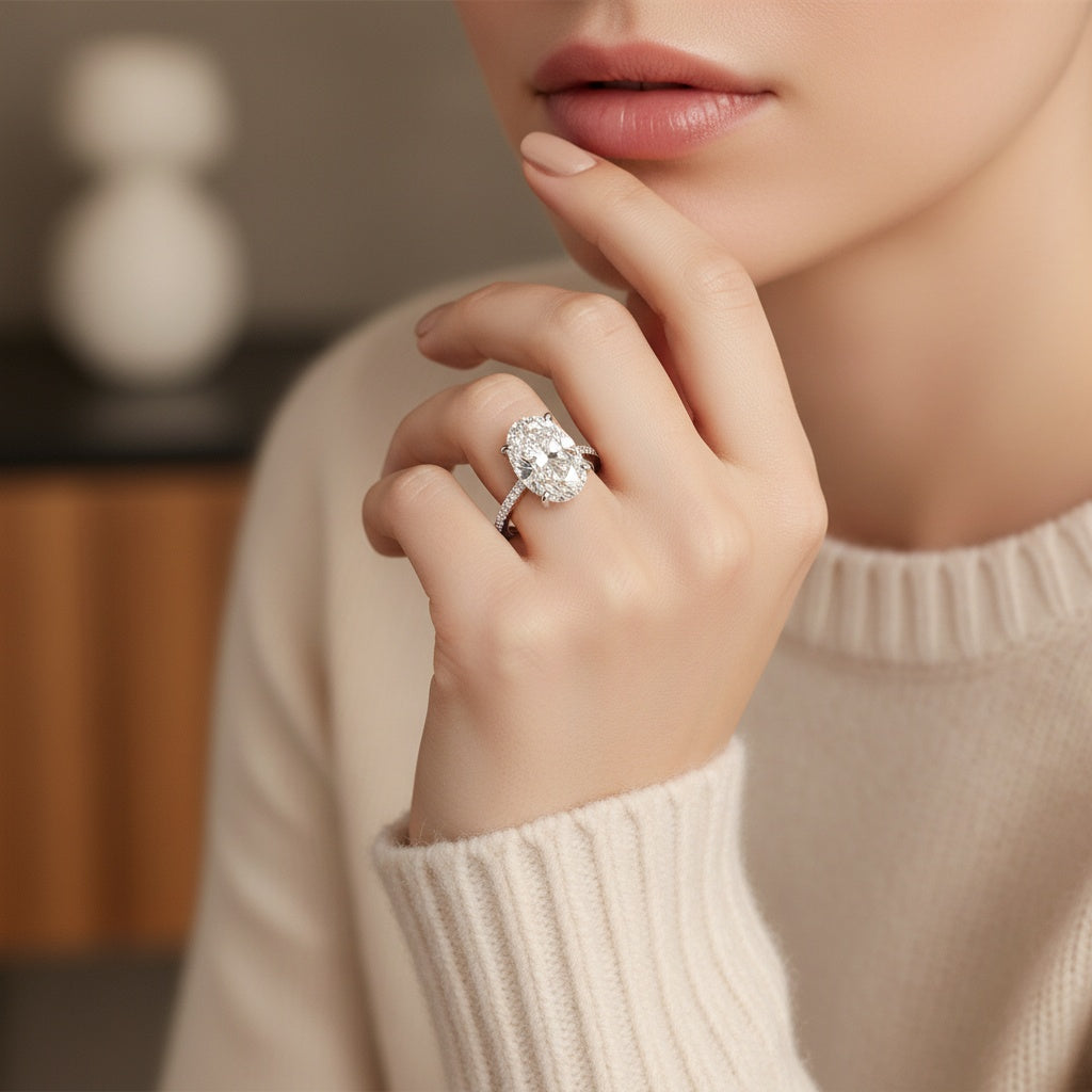 Aurevyn Moissanite 5.5Ct Oval Cut Hidden Halo White Gold Promise Ring For Women