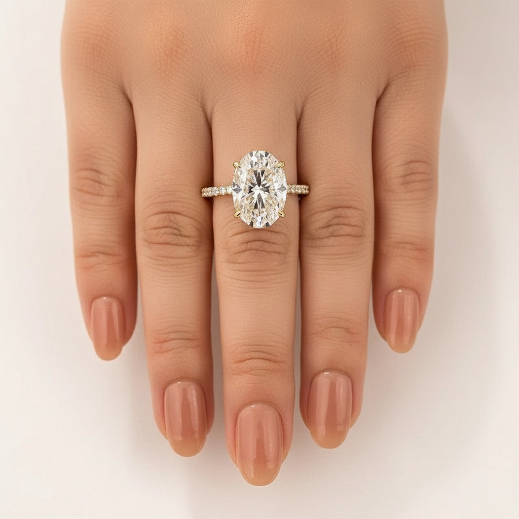 Aurevyn Moissanite 5.5Ct Oval Cut Hidden Halo Yellow Gold Promise Ring For Women