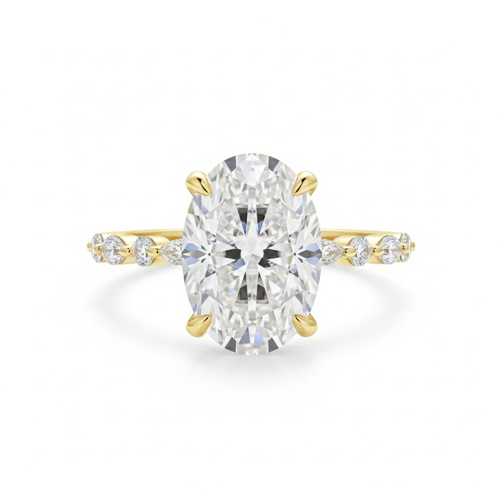 Aurevyn Moissanite 5.5Ct Oval Cut Side Stone Yellow Gold Engagement Ring