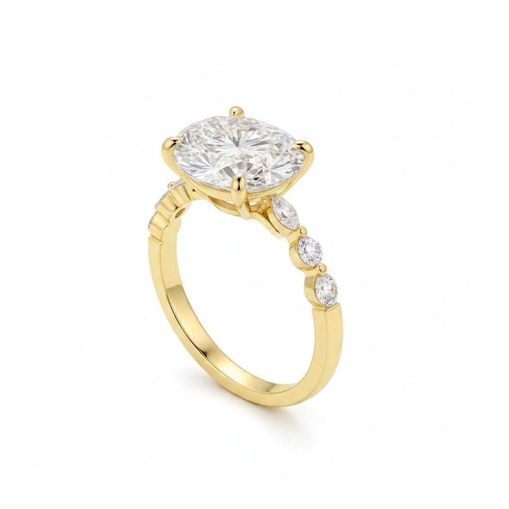 Aurevyn Moissanite 5.5Ct Oval Cut Side Stone Yellow Gold Engagement Ring