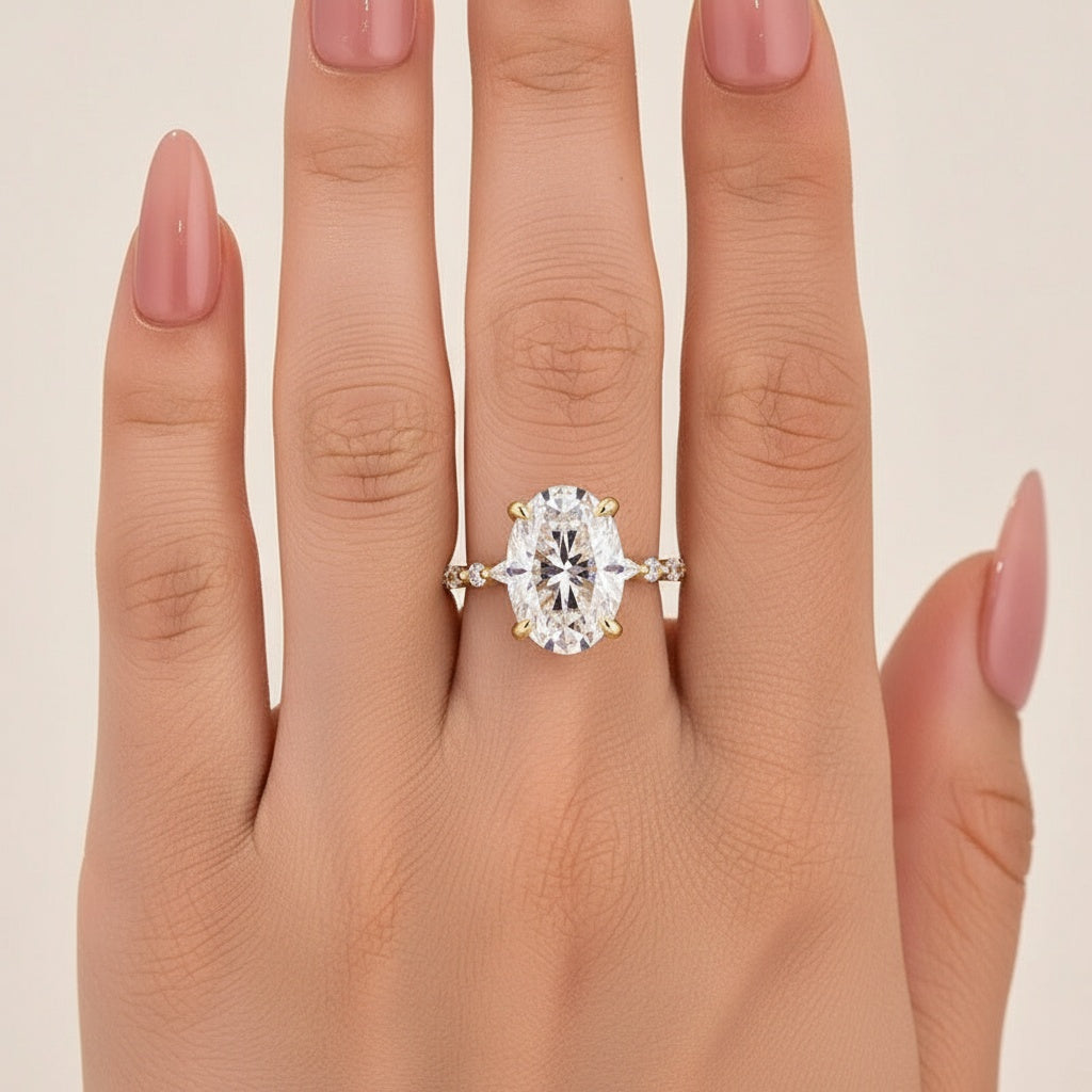 Aurevyn Moissanite 5.5Ct Oval Cut Side Stone Yellow Gold Engagement Ring