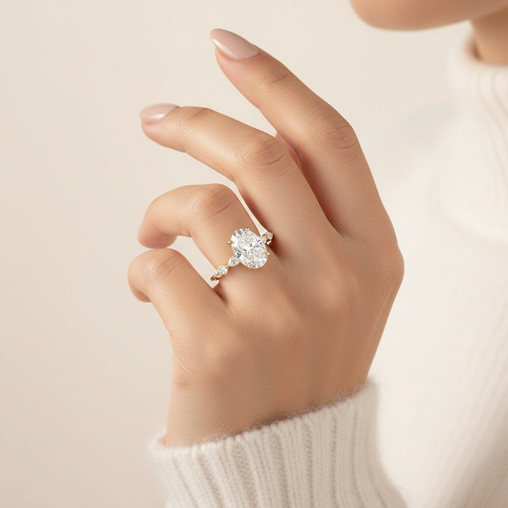 Aurevyn Moissanite 5.5Ct Oval Cut with 1.5Ct Side Stone Marquise Cut Engagement Ring in S925 Sterling Silver