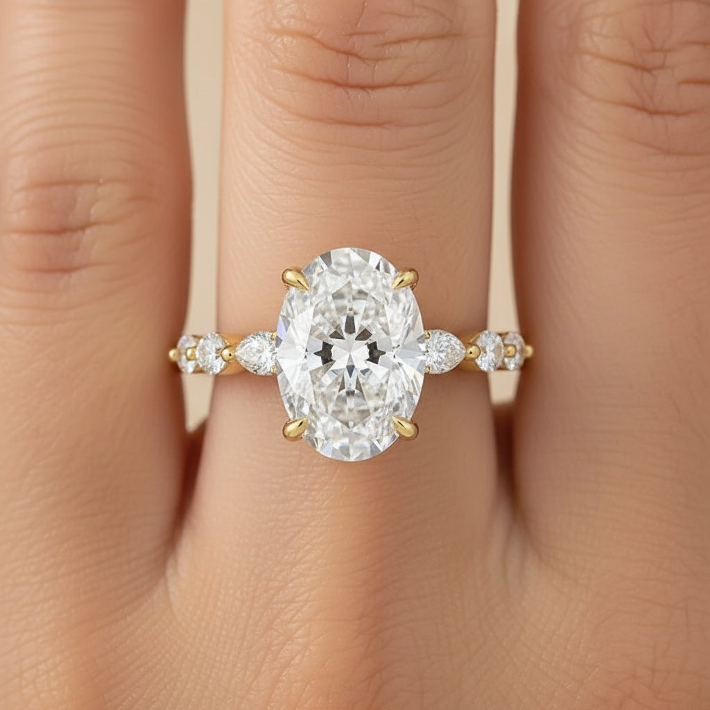 Aurevyn Moissanite 5.5Ct Oval Cut with 1.5Ct Side Stone Marquise Cut Engagement Ring in S925 Sterling Silver