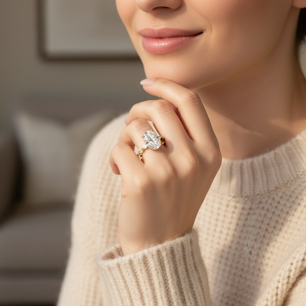 Aurevyn Moissanite 5.5Ct Oval Cut with 1.5Ct Side Stone Marquise Cut Engagement Ring in S925 Sterling Silver