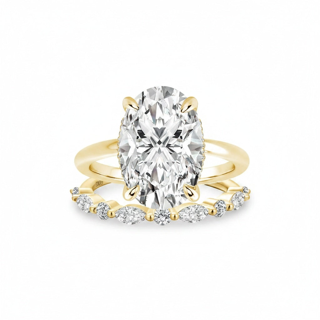 Aurevyn Moissanite 5.5Ct Solitaire Oval Cut Yellow Gold Engagement Ring with Marquise& Oval Cut Wedding Band