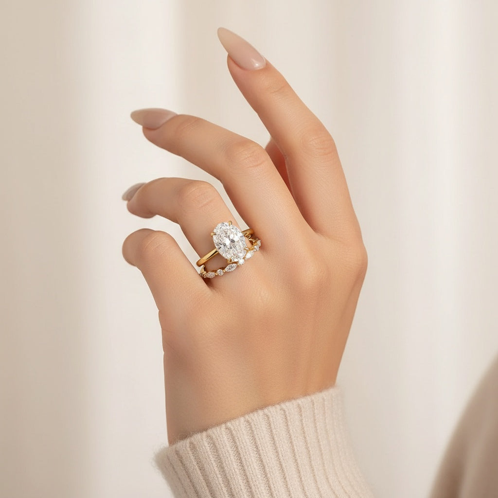 Aurevyn Moissanite 5.5Ct Solitaire Oval Cut Yellow Gold Engagement Ring with Marquise& Oval Cut Wedding Band