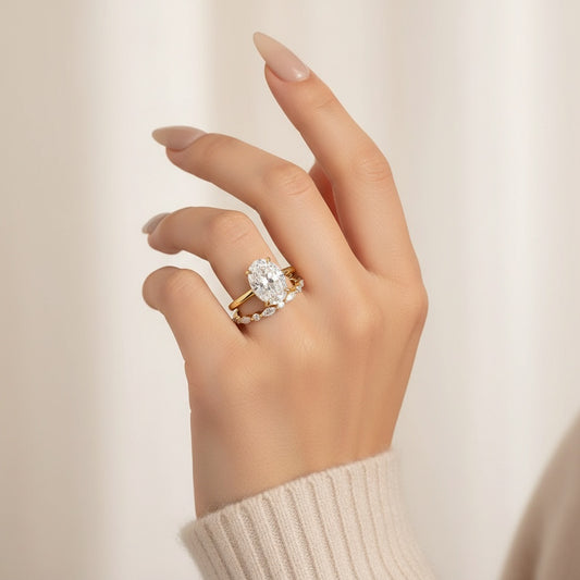 Aurevyn Moissanite 5.5Ct Solitaire Oval Cut Yellow Gold Engagement Ring with Marquise& Oval Cut Wedding Band