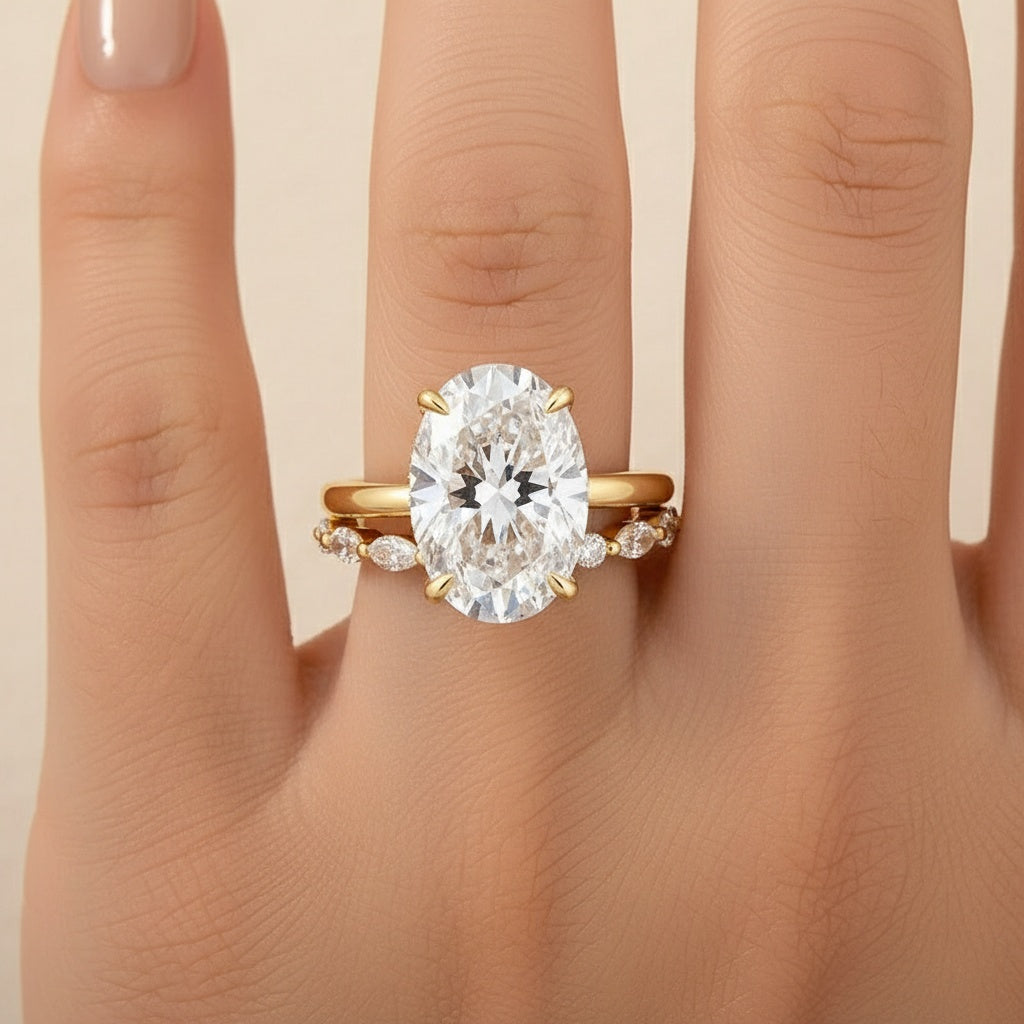 Aurevyn Moissanite 5.5Ct Solitaire Oval Cut Yellow Gold Engagement Ring with Marquise& Oval Cut Wedding Band