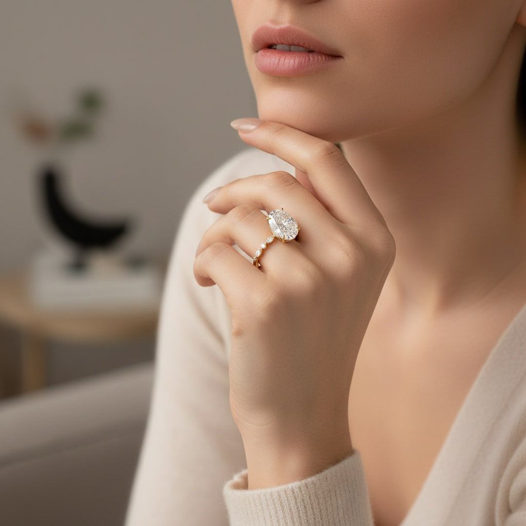 Aurevyn Moissanite 5.5Ct Solitaire Oval Cut Yellow Gold Engagement Ring with Marquise& Oval Cut Wedding Band