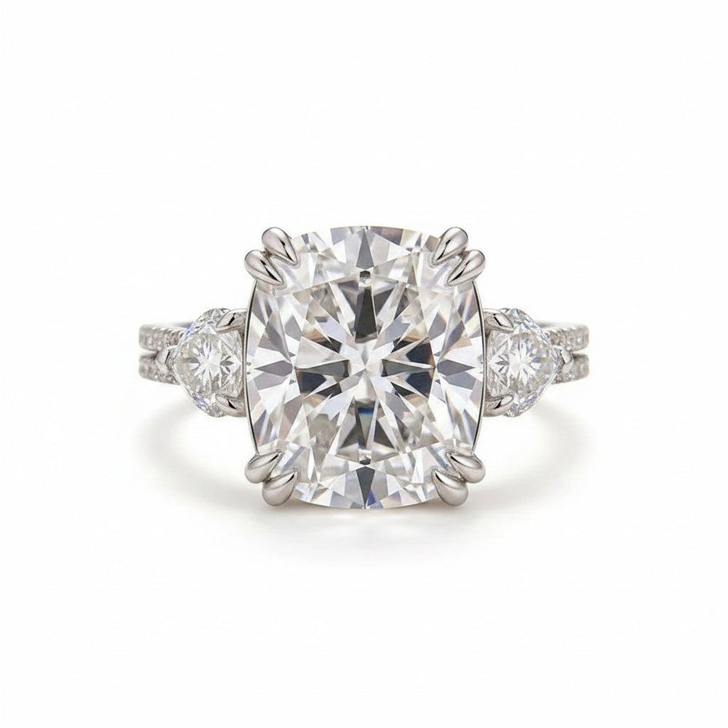 Aurevyn Moissanite 6.0Ct Cushion Cut Three Stone Engagement Ring In Sterling Silver