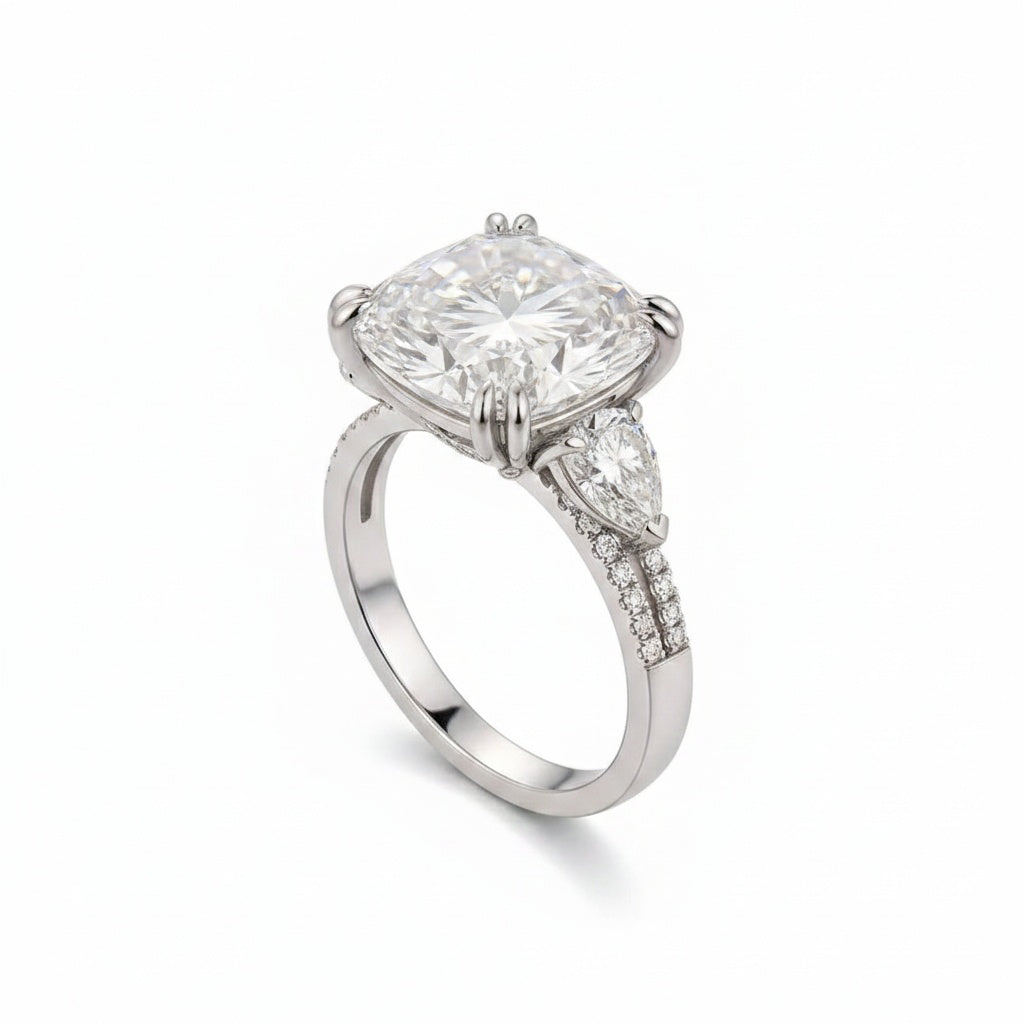 Aurevyn Moissanite 6.0Ct Cushion Cut Three Stone Engagement Ring In Sterling Silver