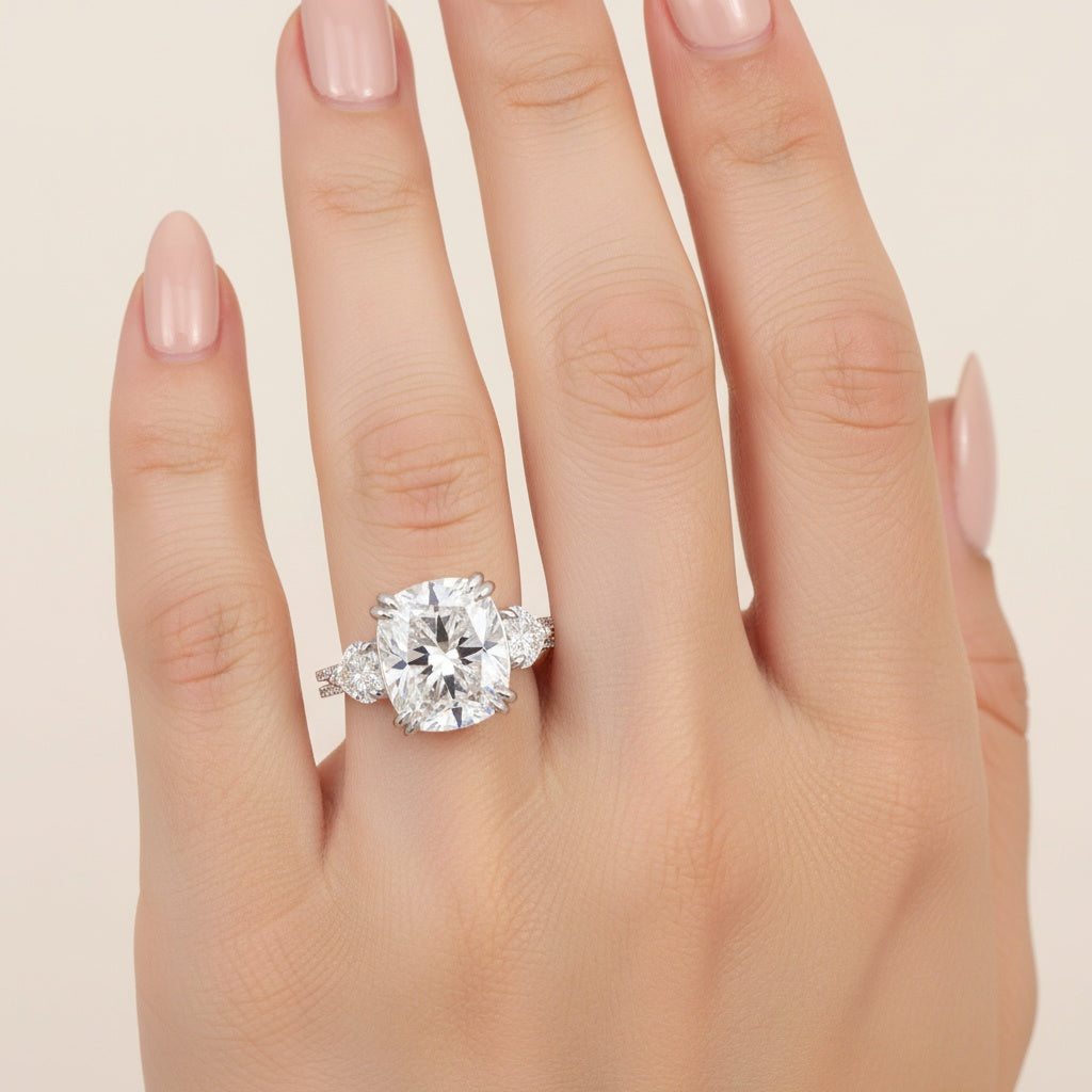 Aurevyn Moissanite 6.0Ct Cushion Cut Three Stone Engagement Ring In Sterling Silver
