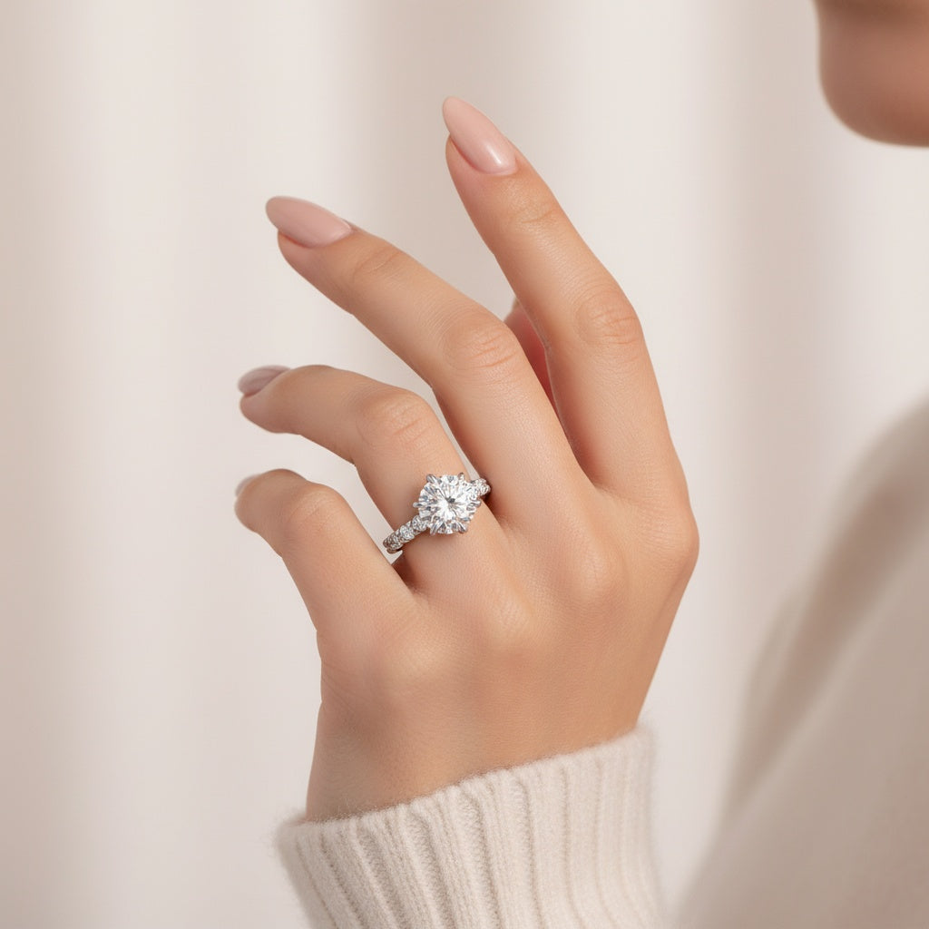 Aurevyn Moissanite 6.0Ct Round Cut Luxe Engagement Ring Travel Rings In Sterling Silver