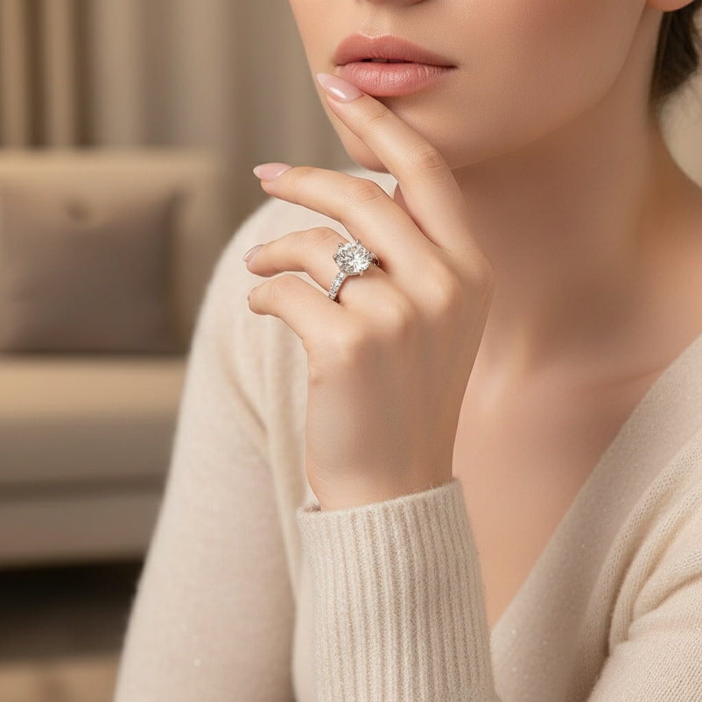 Aurevyn Moissanite 6.0Ct Round Cut Luxe Engagement Ring Travel Rings In Sterling Silver