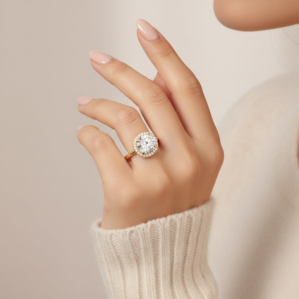 Aurevyn Moissanite Classic 3.0Ct Round Cut Halo Engagement Ring In Sterling Silver