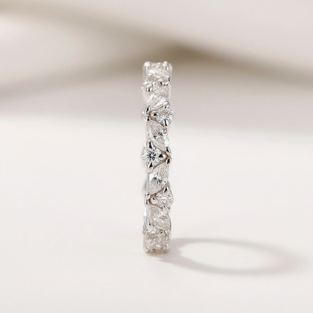 Aurevyn Moissanite Fashion Design Marquise Cut & Round Cut Wedding Band In Sterling Silver