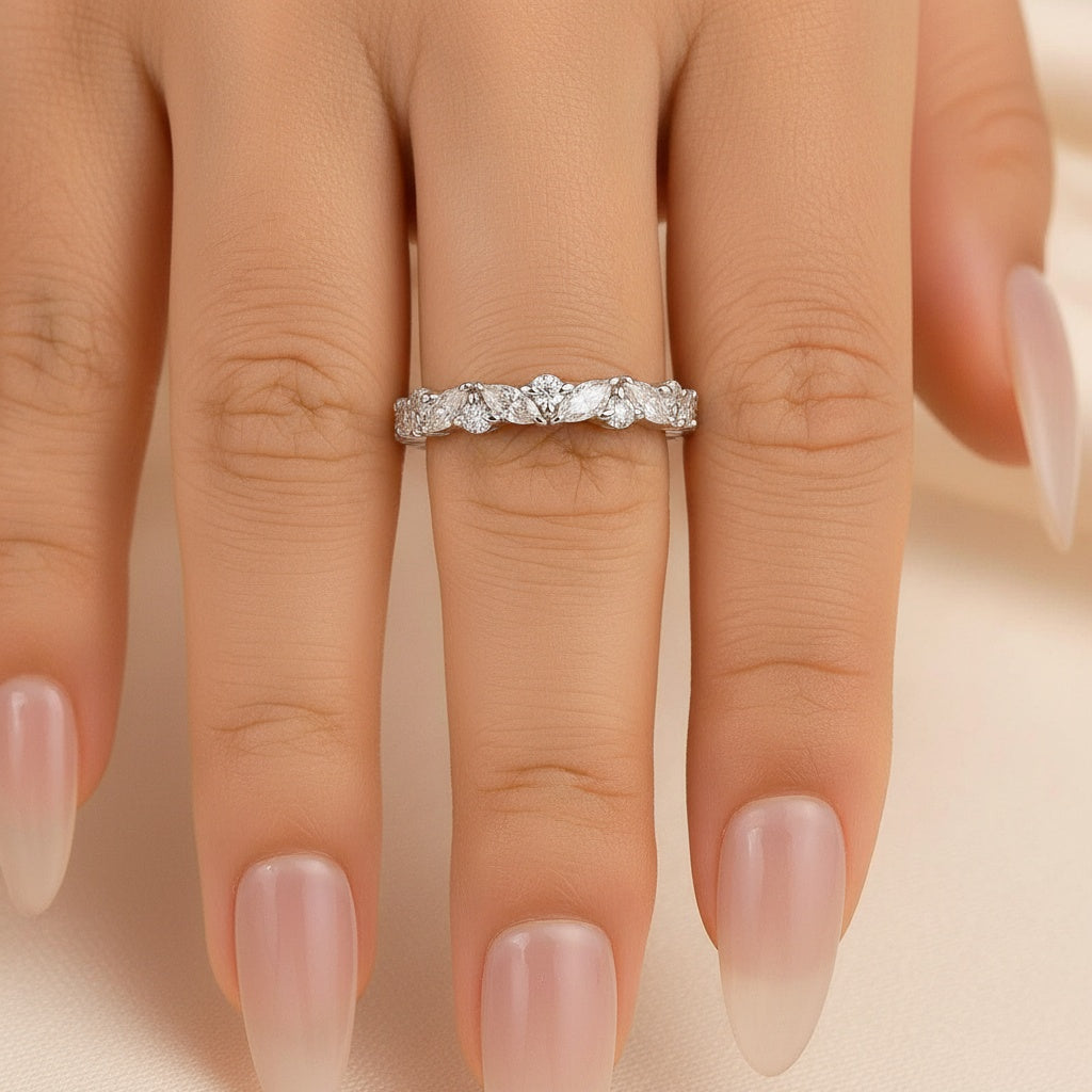 Aurevyn Moissanite Fashion Design Marquise Cut & Round Cut Wedding Band In Sterling Silver