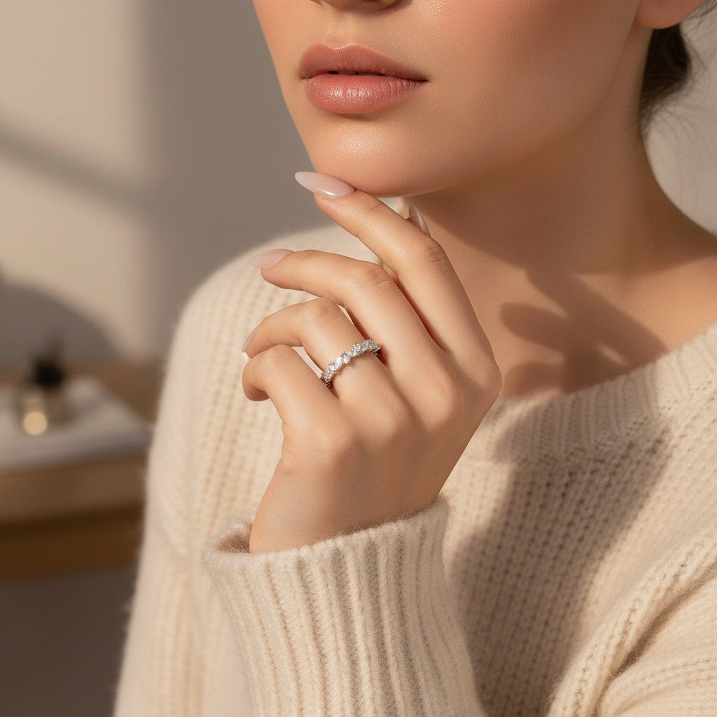 Aurevyn Moissanite Fashion Design Marquise Cut & Round Cut Wedding Band In Sterling Silver