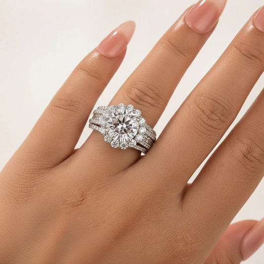 Aurevyn Moissanite Halo Split Shank 4.0Ct Round Cut White Gold Engagement Ring