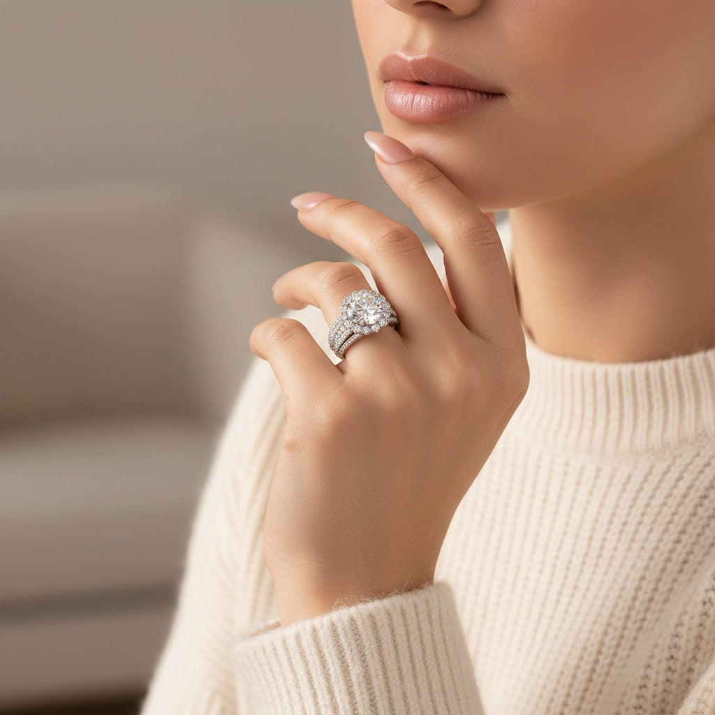 Aurevyn Moissanite Halo Split Shank 4.0Ct Round Cut White Gold Engagement Ring