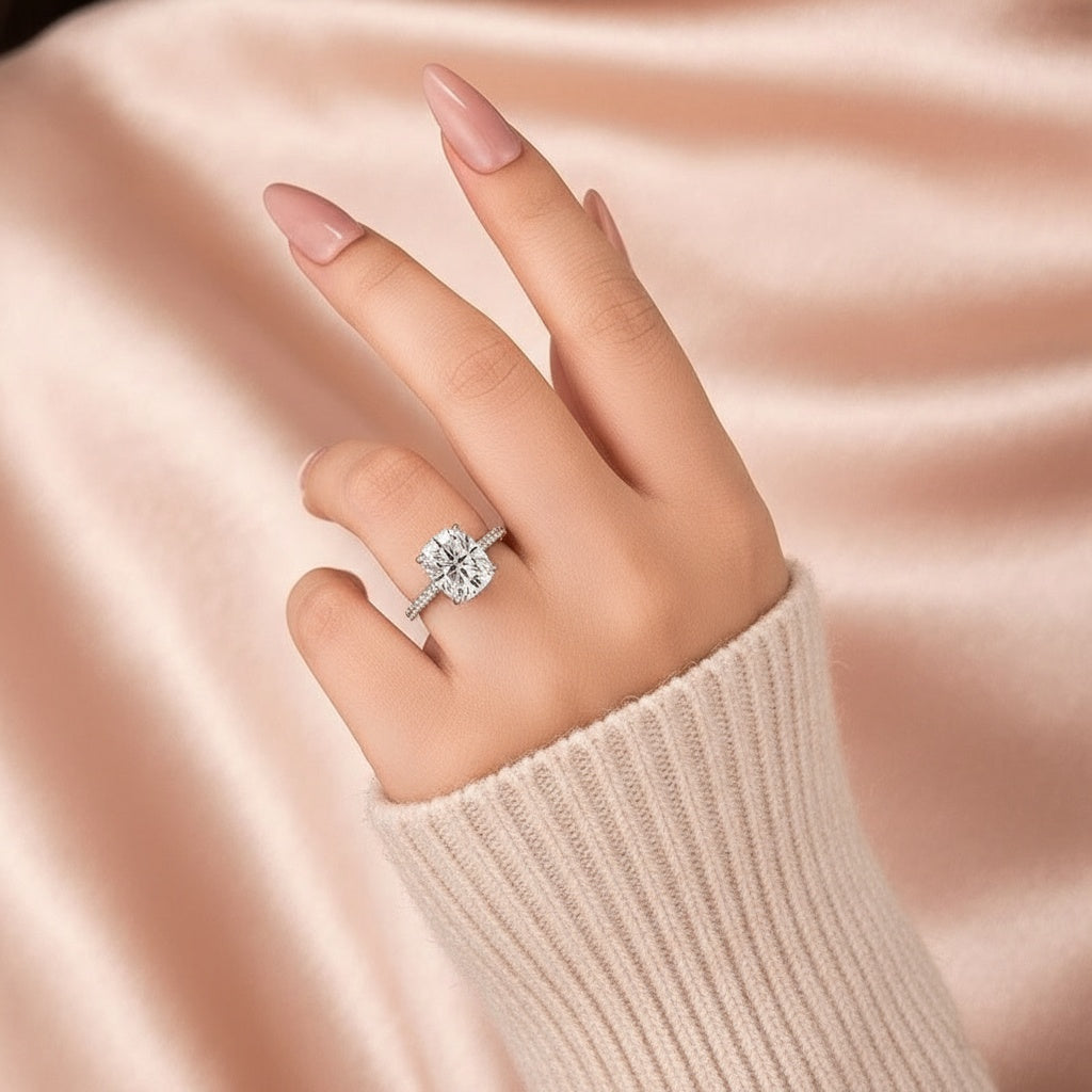 Aurevyn Moissanite Hidden Halo 4.0Ct Cushion Cut White Gold Engagement Ring
