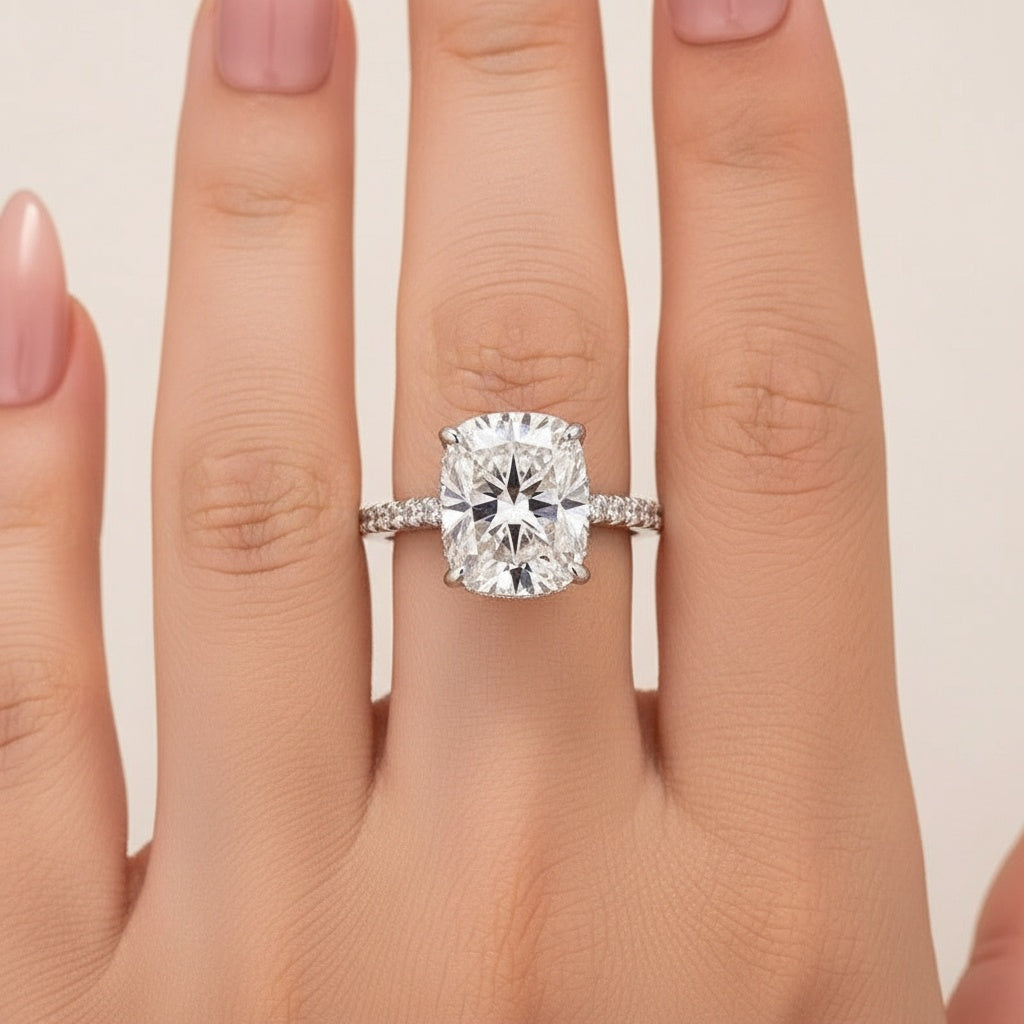 Aurevyn Moissanite Hidden Halo 4.0Ct Cushion Cut White Gold Engagement Ring