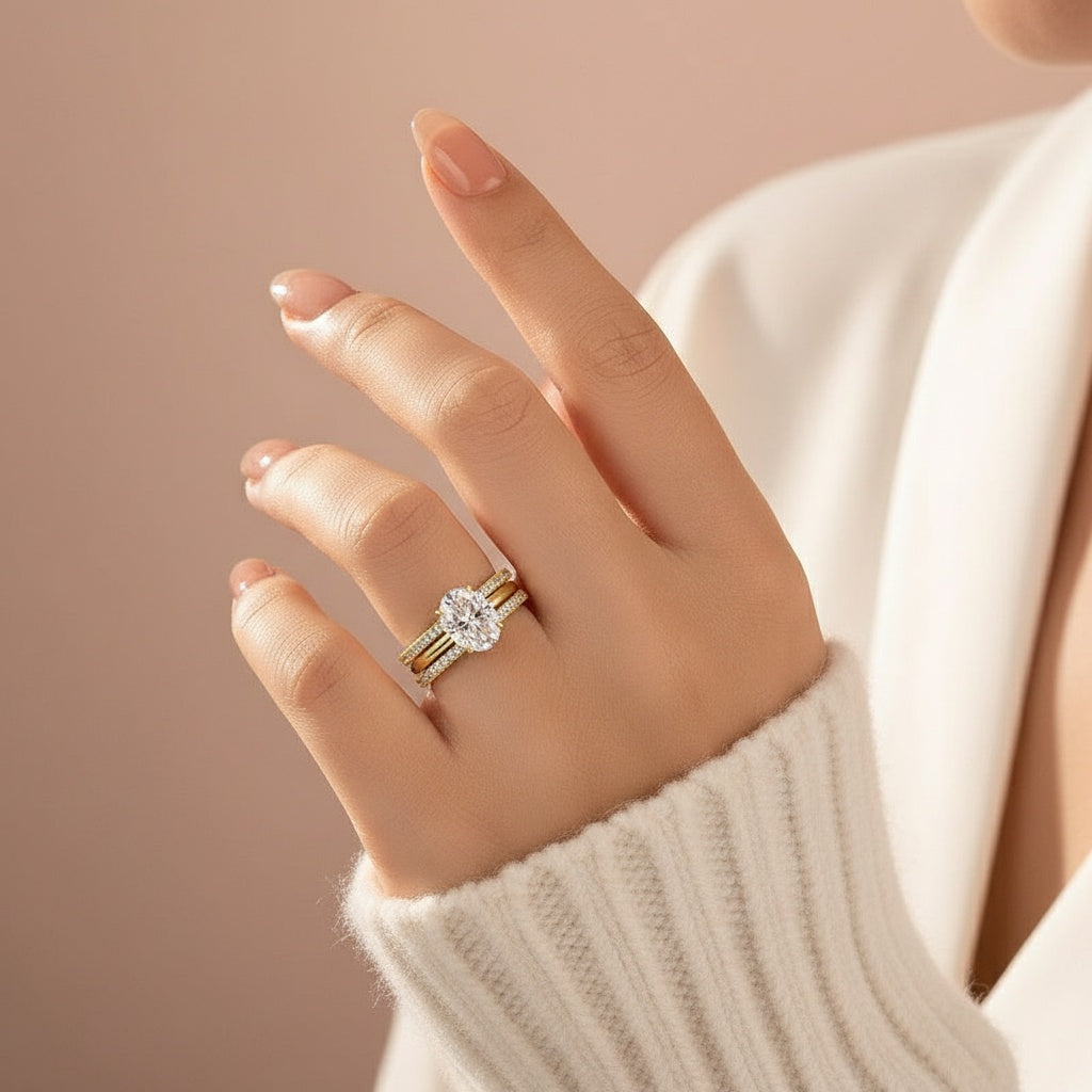 Aurevyn Moissanite Solitaire 2.0 Ct Oval Cut Yellow Gold Wedding Ring Set