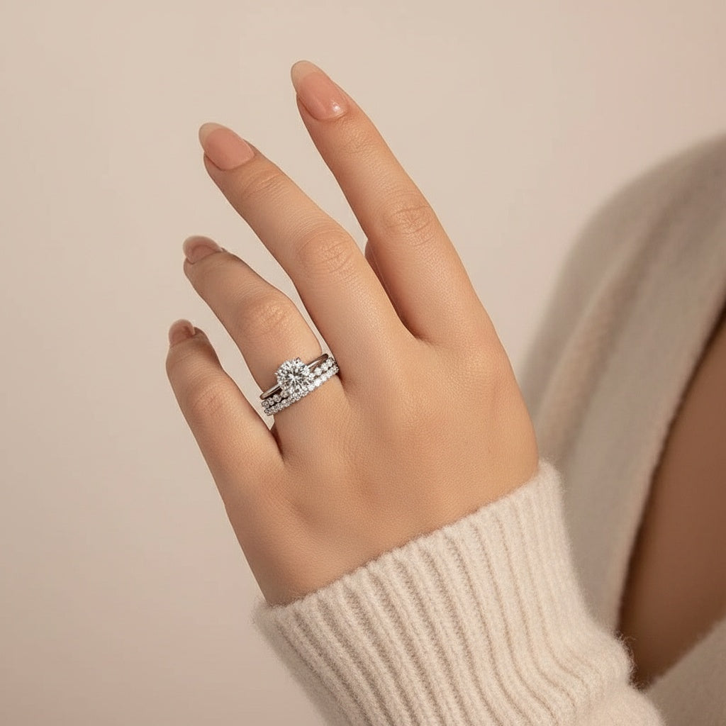 Aurevyn Moissanite Solitaire 2.0 Ct Round Cut White Gold Engagement Ring with Round & Marquise Accents Bands