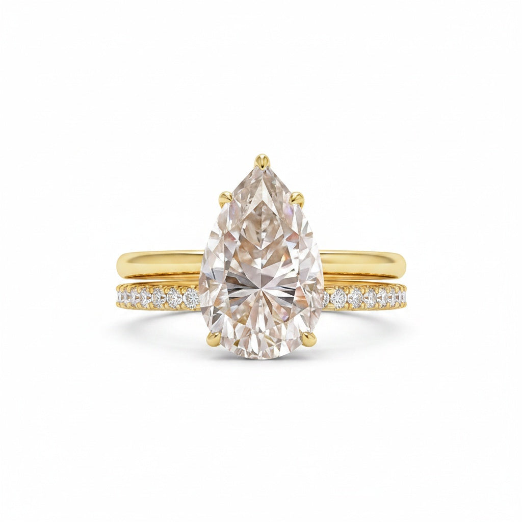 Aurevyn Moissanite Solitaire 4.0Ct Pear Cut Yellow Gold Women's Wedding Ring Set