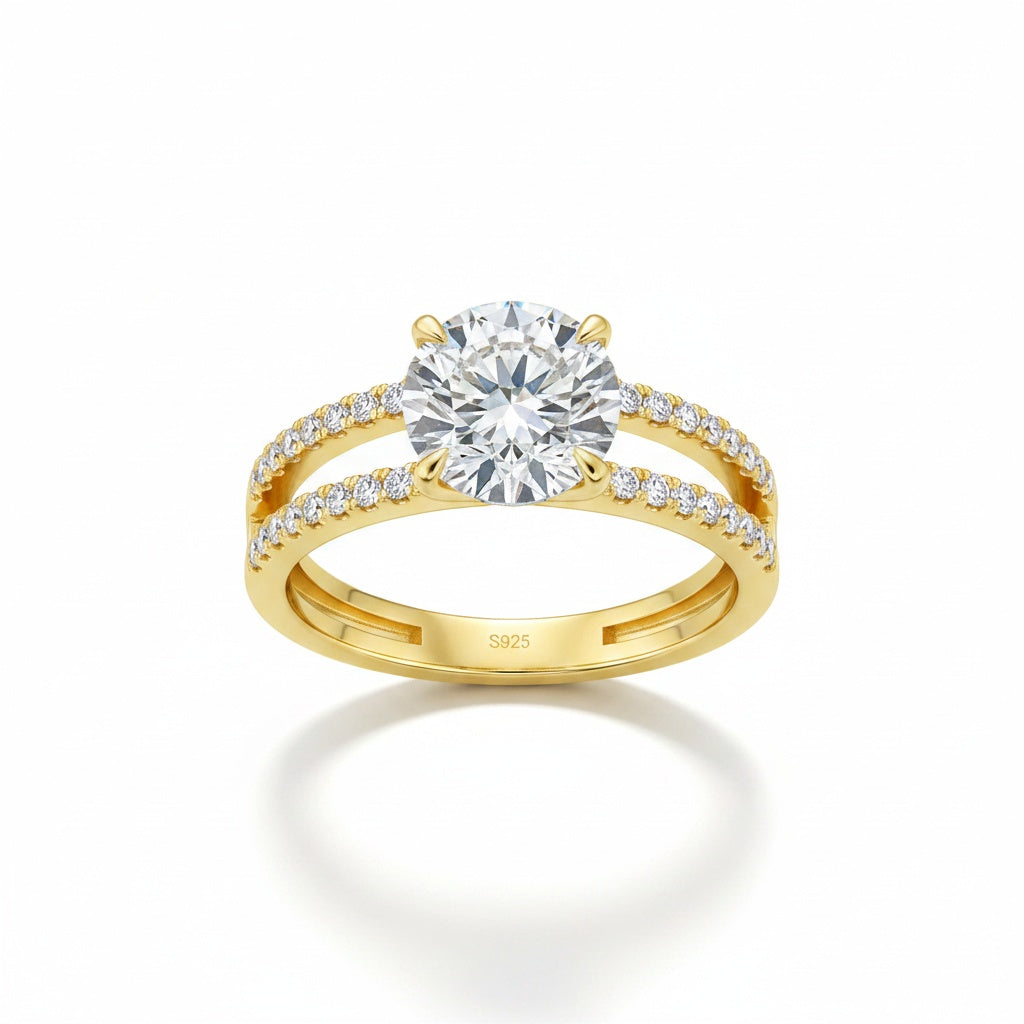 Aurevyn Moissanite Split Shank Design 4.0Ct Round Cut Yellow Gold Engagement Ring