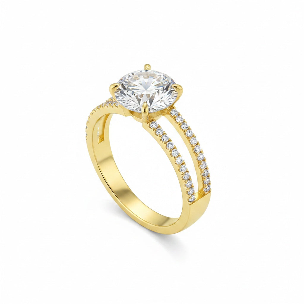 Aurevyn Moissanite Split Shank Design 4.0Ct Round Cut Yellow Gold Engagement Ring
