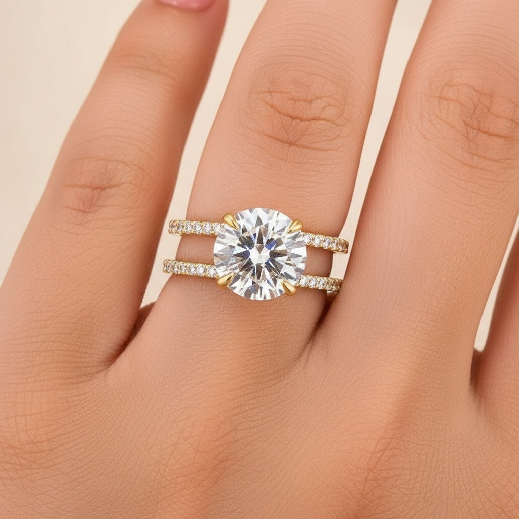Aurevyn Moissanite Split Shank Design 4.0Ct Round Cut Yellow Gold Engagement Ring