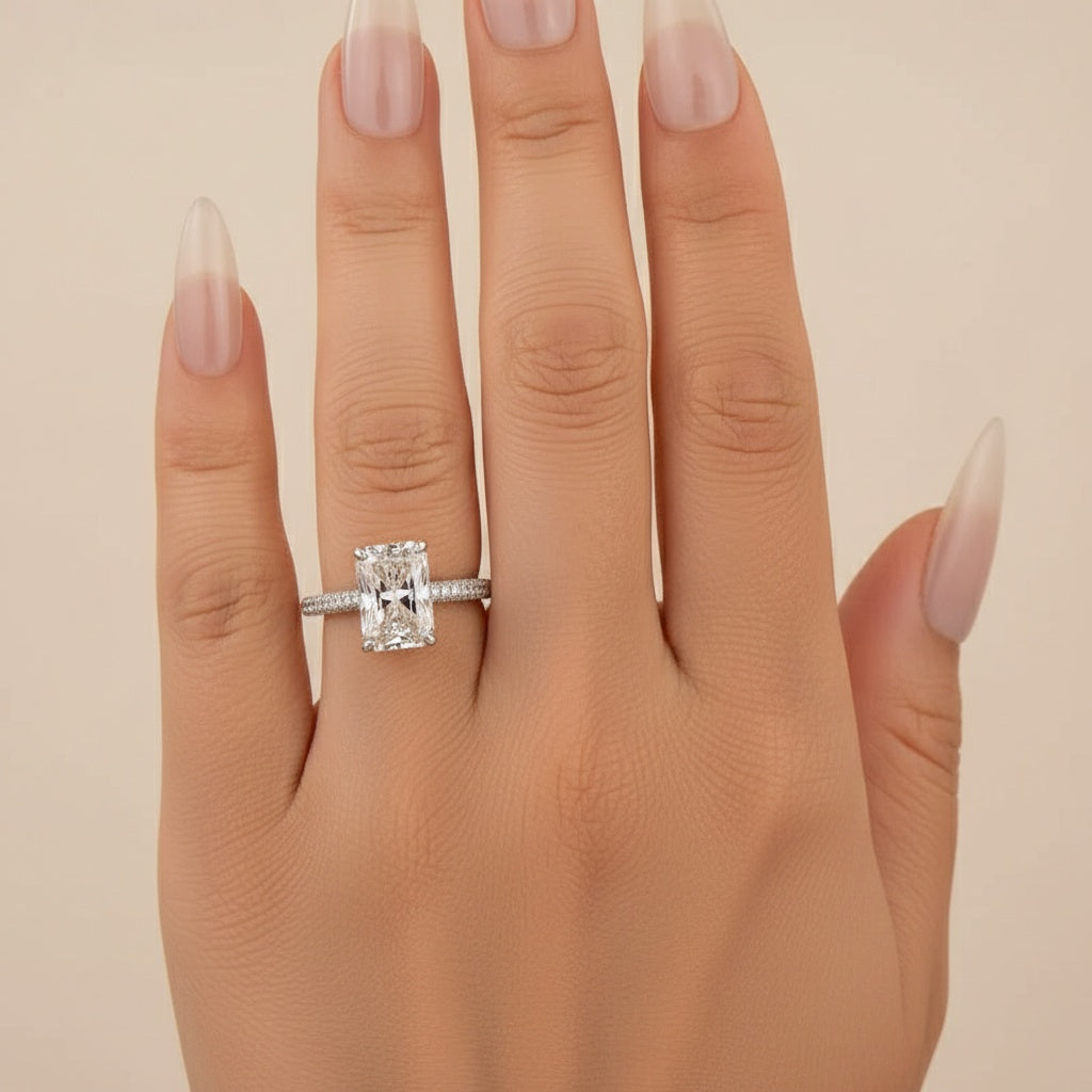 Aurevyn Moissanite Triple Row Pavé 3.5Ct Radiant Cut White Gold Engagement Ring