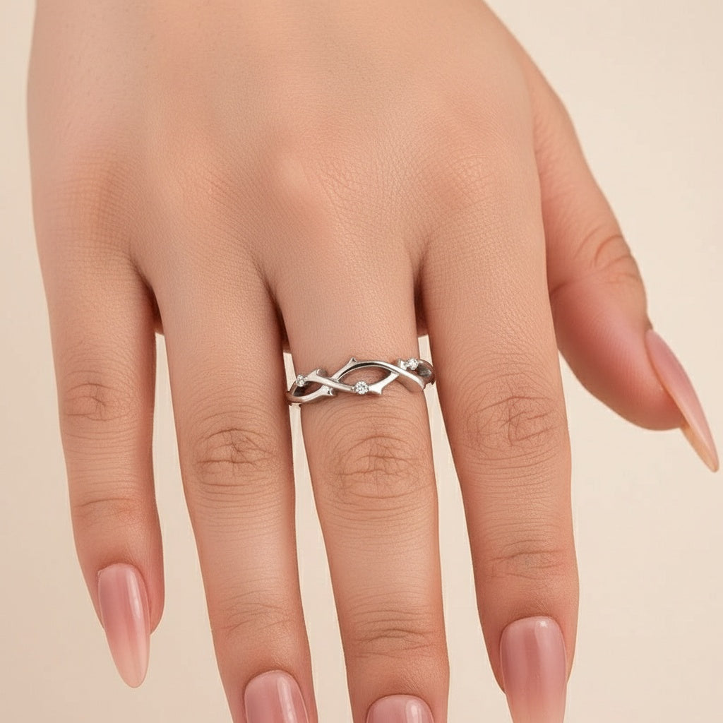 Aurevyn Moissanite Twig Round Cut White Gold Travel Ring In Sterling Silver